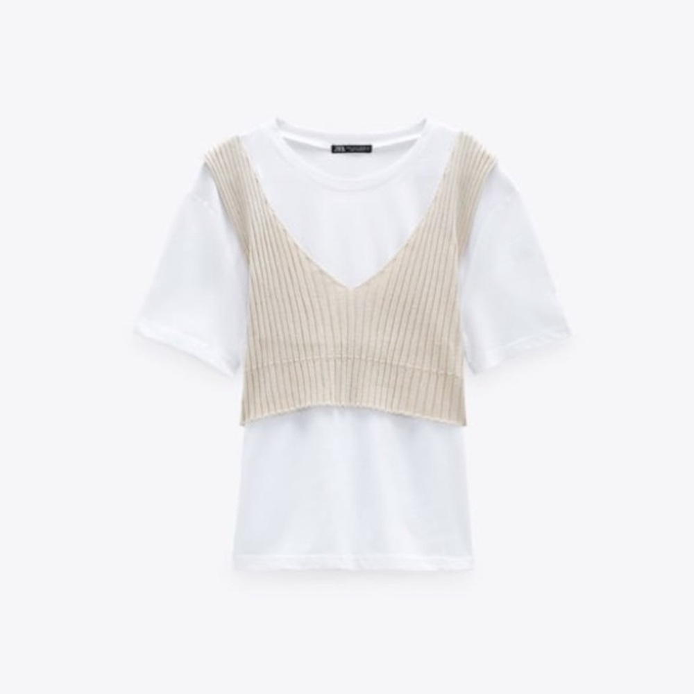 Zara Tan Knit Waistcoat with White T-Shirt